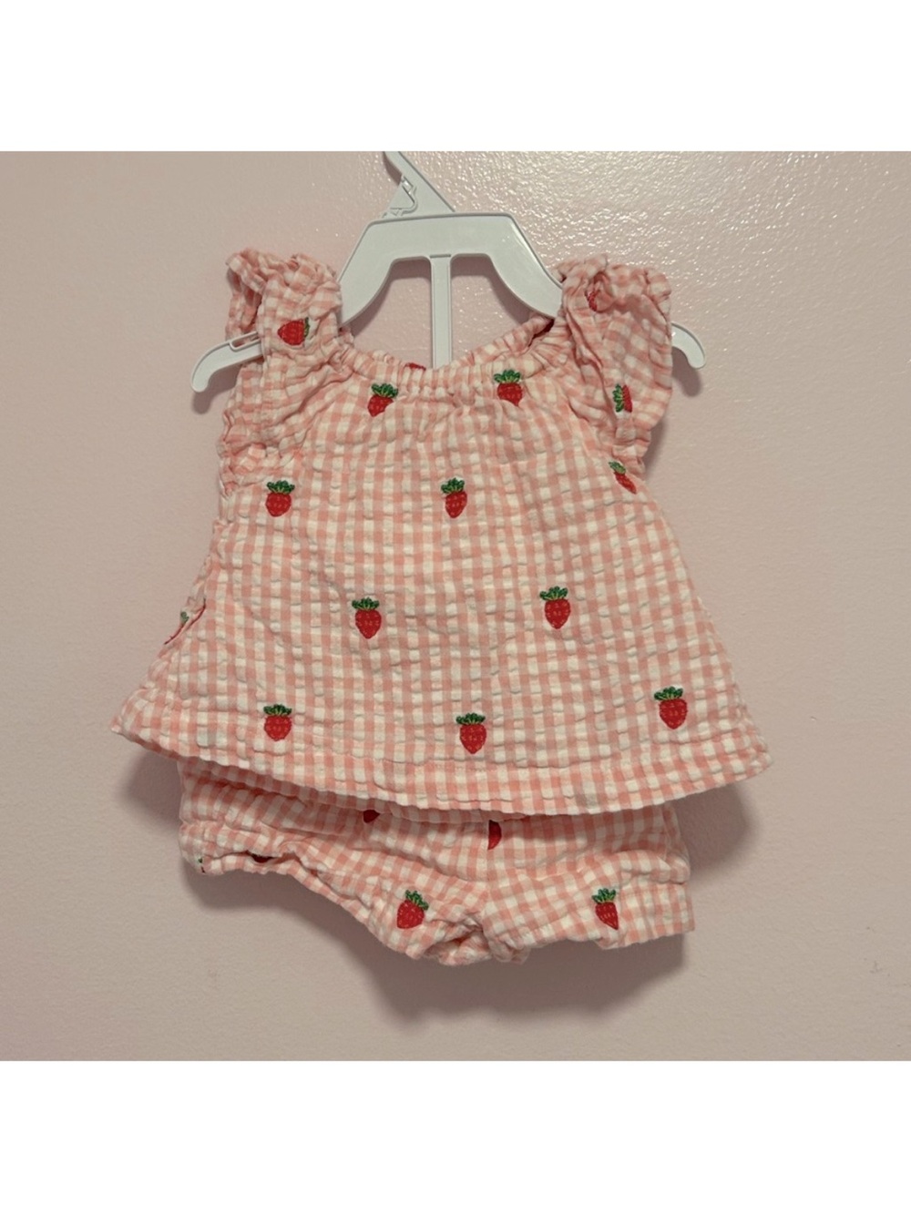 Jojo Maman Bebe Pink Gingham Seersucker Strawberry Set Sz 3-6 Mo